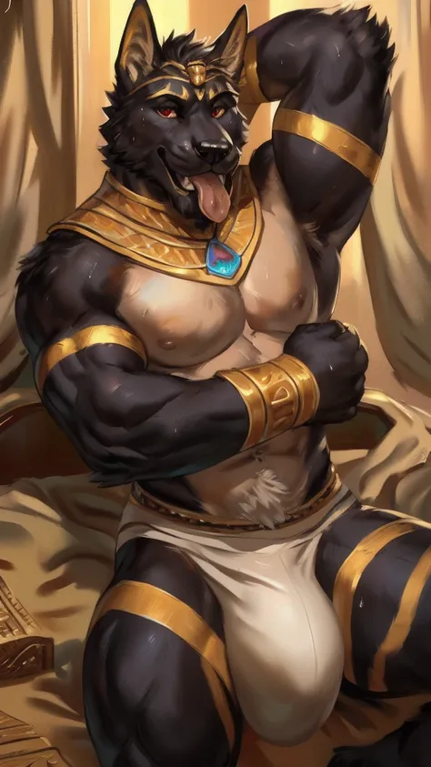 Daddy Anubis , black fur, drak fur, bitone, white chest fur, black beard,  very red eyes, realistic eyes, posted on e621, furry body, anthro body, anthro mummy in Anubis , claws on hands, old  realista Anubis , Climbing harnesses, Anubis in teeth , masculi...