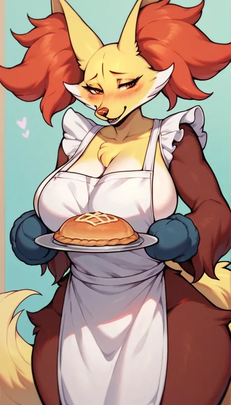 alone, score_9,score_8_up,score_7_up,(fluffy anthro furry :1.3), anthropomorphic furry female Delphox has big breasts, wide hips, wears an apron on her naked body, mittens, blush on her face, half-closed eyes, serves a pie