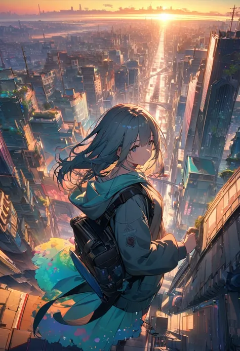 Create exquisite illustrations reminiscent of Makoto Shinkais style, It has ultra-fine details and top-notch quality. angelic, detailed woman who is walking, woman wearing hoodie,  highest billding in city, road, sunrise, horizon, skyline, in the sky, city...