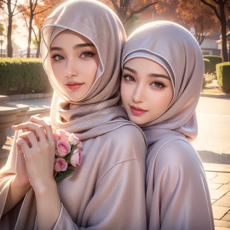 beautiful young woman, 1girl, majestic hijab outfit, detailed face, alluring eyes, full lips, outdoor setting, selfie, soft lighting, warm colors, best quality, 4k, 8k, highres, masterpiece, ultra-detailed, realistic, photorealistic, photo-realistic, cinem...