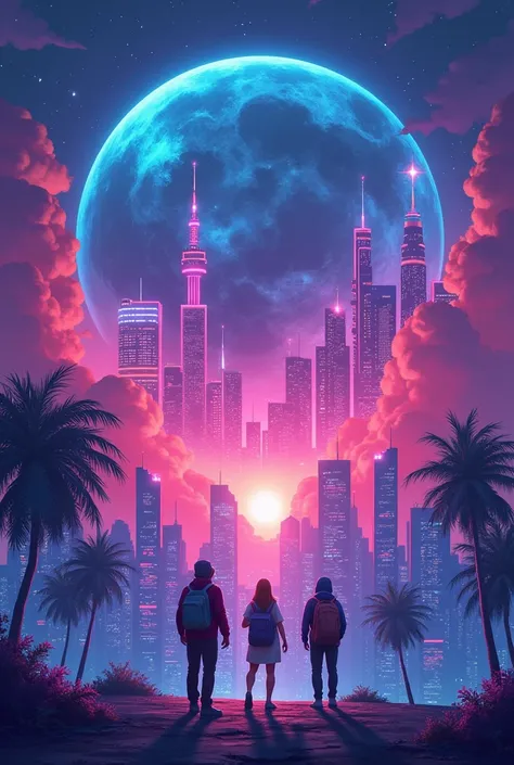 2 cities, one city below and another sky city above, neon game, game poster, multiple players having fun in the game world