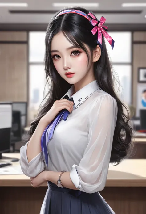 best quality, (realistic:1.2), 1 girl, alone, detailed face, Face focus, stand, black hair,(hair accessories:1.35),Office lady, Ribbon sleeve, arms separated, Ribbon Cutting, wide arms, (look at viewer:1.5) long hair, black eyes, smooth, lips,