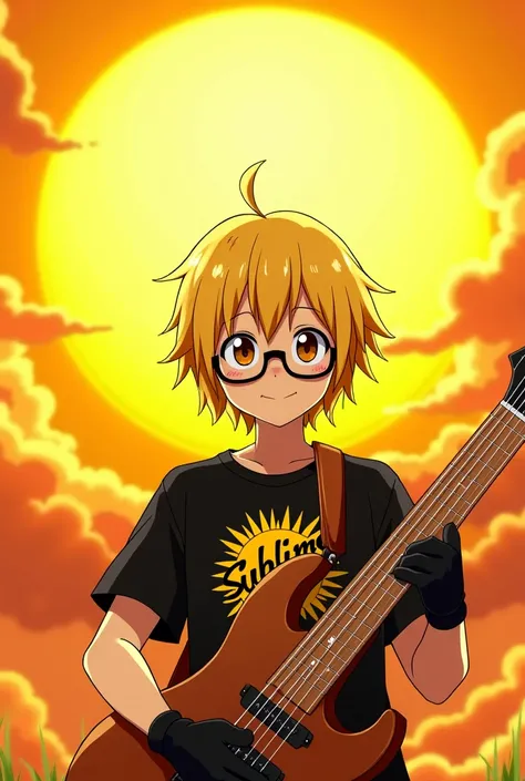 anime with black glasses and little blond hair and a big brown guitar and a yellow sun with black gloves and a black shirt with a yellow sun that says sublime 