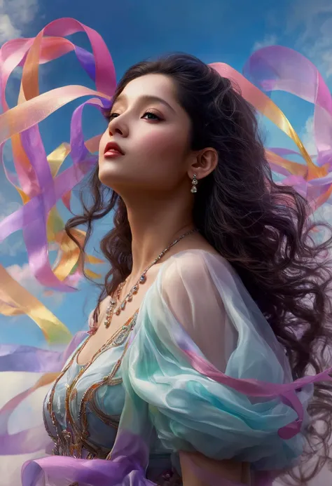 {{cute No-one55}}, floating female figure made of ribbons, smoke, in the sky, colorful and vibrant, mystical colors, contemporary impressionism, yanjun cheng portrait painting, iridescent painting, 3/4 perspective view, cute face, low angle, sweeping circl...