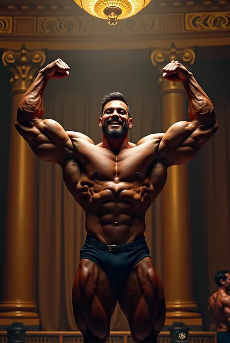 a man posing on a stage with his arms up and a smile on his face, a portrait by Byron Galvez, featured on instagram, Baroque, body builder physique, Physicist exagerado, Physicist muscular exagerado, Mr. Universe, big fit ass, long, stark, Physicist |, cor...