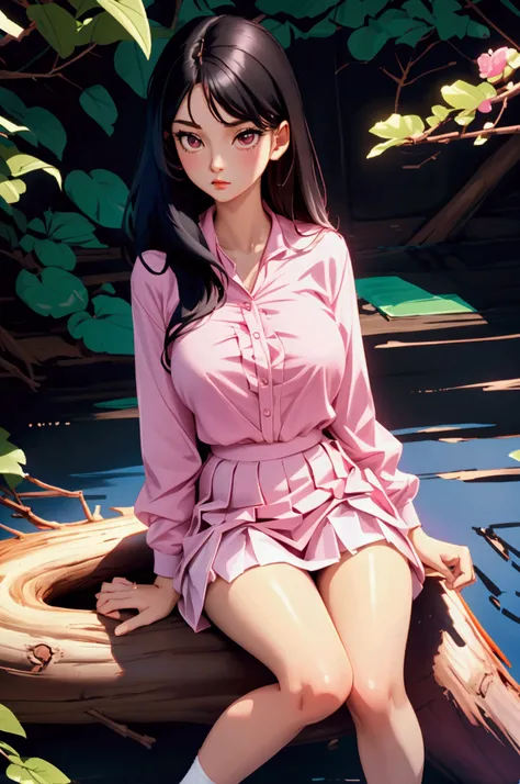 a tall girl, grandeta, a lot of chest, pink blouse, white short skirt, WHITE SOCKS, sitting on a log, long black hair 