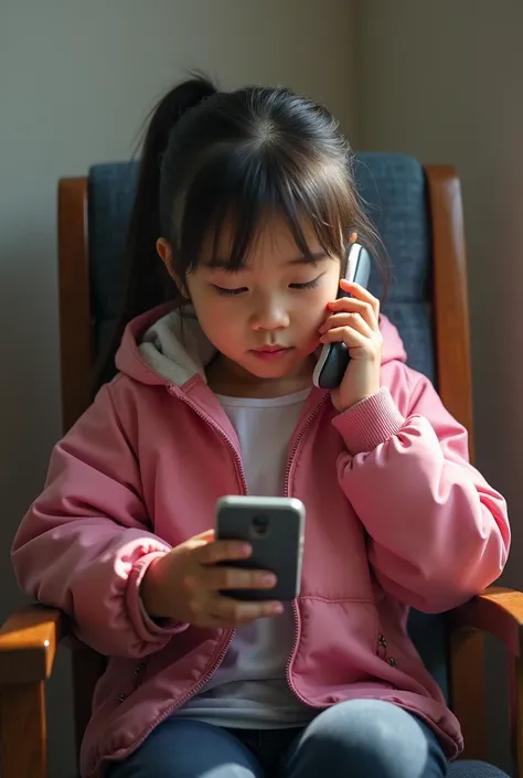 a young girl with a ponytail, sitting in a chair and talking on her cell phone. She appears to be engaged in a conversation, possibly with someone far away. The girl is wearing a pink jacket, and the chair she is sitting in is positioned in front of her. T...