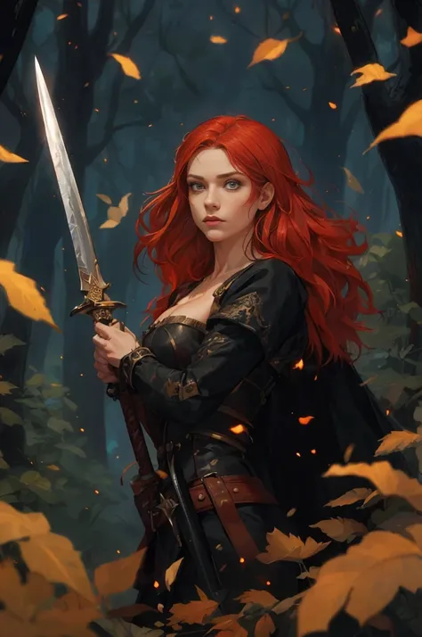 Young white woman with red hair, with a defiant look and a frown holding a sword with the edge facing down, with black pants, medieval loose black shirt and a black corset, with a broad-shouldered, muscular man behind her, his hands over hers on the back k...