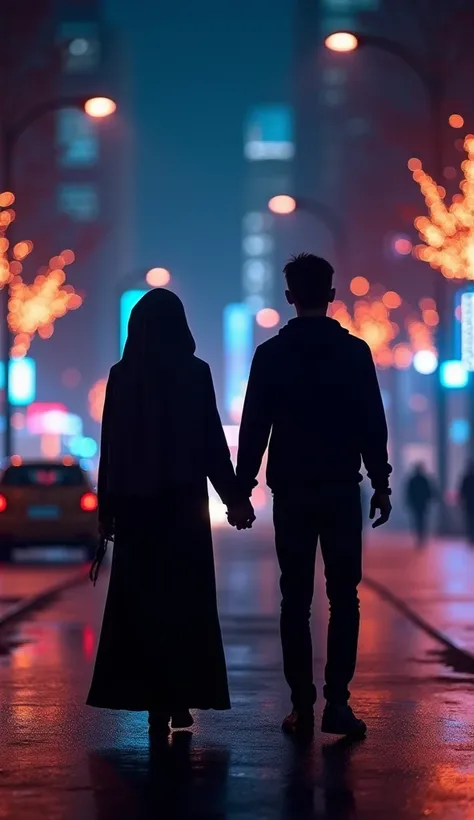 silhouette image of a woman in a hijab and a man holding hands, in the middle of the city at night, full of lights, the characters are just silhouettes