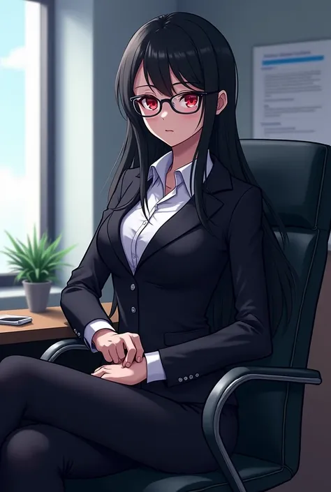 anime style image , 20 year old vampire woman, long straight black hair, red eyes, dressed in a dressed in an office suit, is wearing glasses, She is in a work office sitting on a chair with her legs crossed 