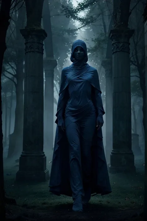 A faceless, ghostly figure draped in flowing, translucent blue robes, standing upright and facing forward. The figure has no discernible face, only darkness under its hood, and appears ethereal, with its robes shimmering faintly in the deep blue light. It ...