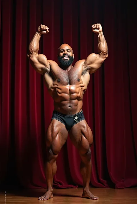 a hairy, bearded Puerto Rican man posing on a stage with his arms up and a smile on his face, a portrait by Byron Galvez, featured on instagram, Baroque, body builder physique, Physicist exagerado, Physicist muscular exagerado, Mr. Universe, big fit ass, l...