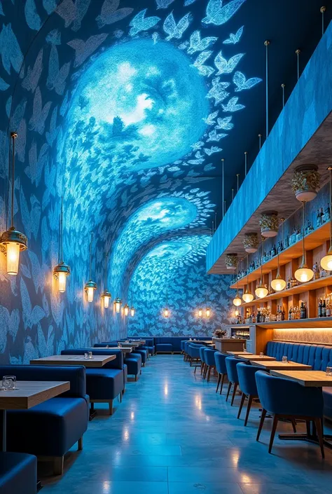 Creative Interior design of a cafe with the concept of murmuration and a lots of bird and blue theme with golden details
