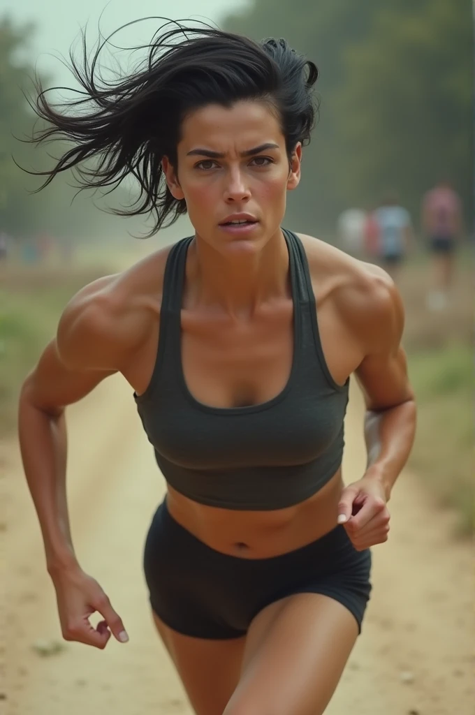 A lesbian woman running with white skin and a big brown nose.