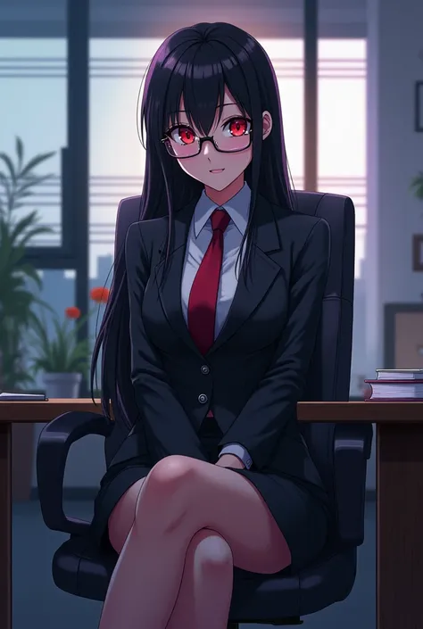 anime style image , 20 year old vampire woman, long straight black hair, red eyes, dressed in a dressed in an office suit, is wearing glasses, She is in a work office sitting on a chair with her legs crossed 