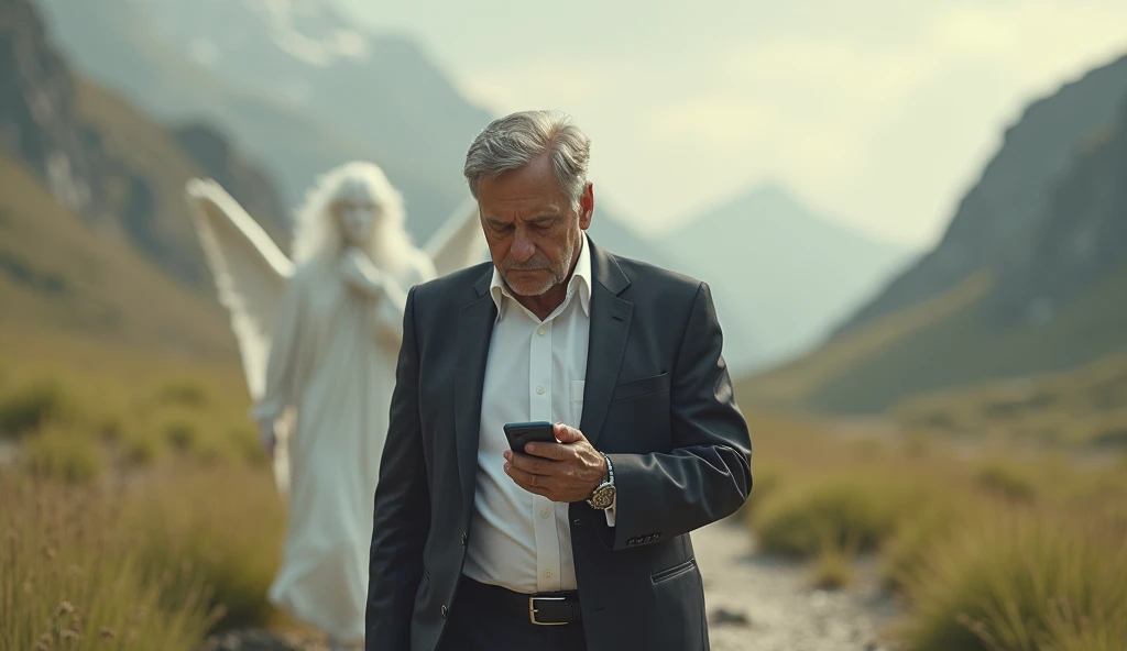 Man walking away from God while looking at his watch and typing on his cell phone  