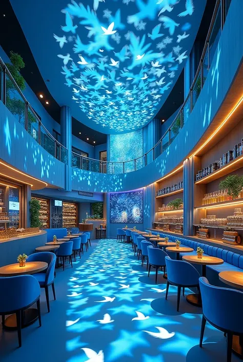 Creative Interior design of a cafe with the concept of murmuration and a lots of bird and blue theme with golden details
