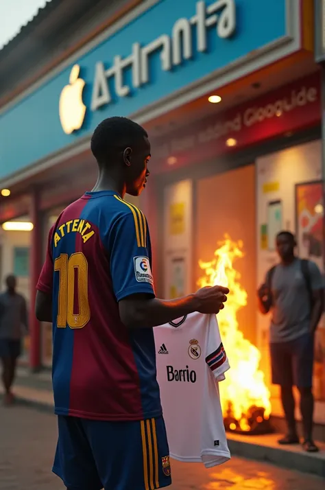 Create a hyperrealistic and ultra-detailed image of a young African man in his twenties with short hair, standing on a bustling street in Lomé, Togo, in front of a vibrant phone shop called ATTENTA STORE. The stores sign features both the Apple logo and th...