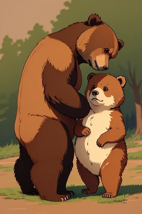 Hand drawn illustration， in style of ghibli， hiyao miyazaki， Full body like， a warm color palette， Moe style， critters， illustratio， Brown Papa Bear，are standing，guilty，Jumpy，Bend down and apologize to the baby brown bear。