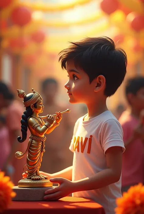 Janmashtami  with a boy in white t shirt colour name ravi on t shirt  with krishna brass murti 