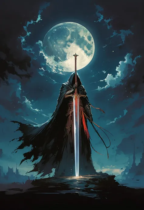 A huge sword with its tip pointing upwards in front of a black cloak, Dark fantasy illustration with dark sky and bright moon in the background, In the style of Yoji Shinkawa.