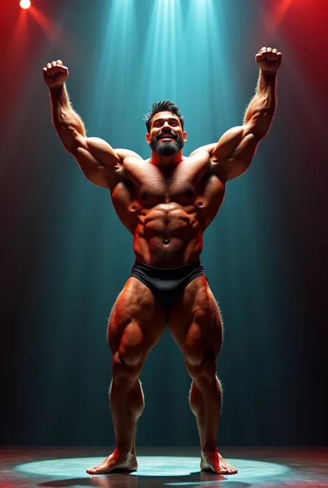 a young, hairy, bearded Puerto Rican man posing on a brightly lit stage with his arms raised and a smile on his face, body builder physique, Physicist exagerado, Physicist muscular exagerado, Mr. Universe, big fit ass, long, stark, Physicist |, corpo fitne...