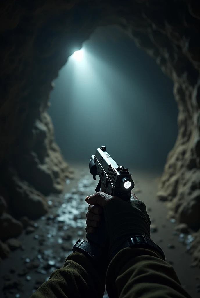 underground mine, I want a first person view, the only apparent member is just an arm, with a pistol with a white light flashlight aiming forward