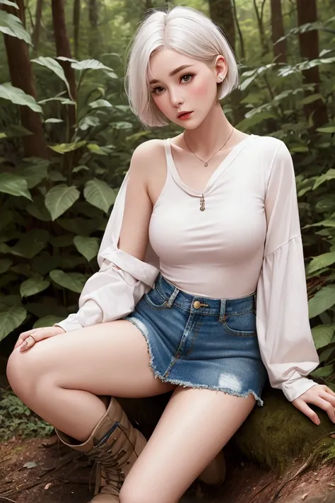 women, short white hair, blush, shame, white top, denim skirt, with boots, In a forest, modeling 