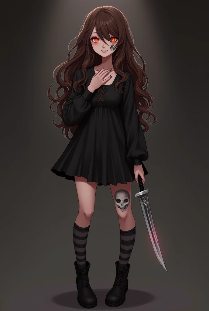 ((best quality: 0.8)), ((masterpiece)), (detailed), 1girl, Beautiful face, long, brown, wavy hair, short black dress with long sleeves, black and gray striped socks, black boots, vibrant red eyes, fair skin, skull tattoo, beautiful smile.knife in hand,(glo...