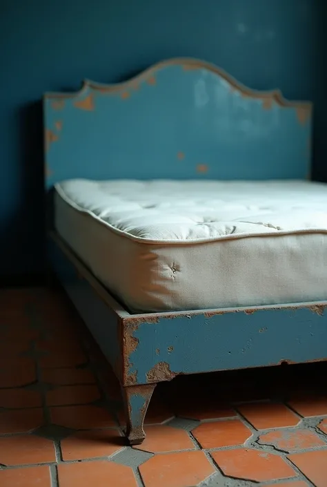 Create me a bed with a blue base and a white mattress and with dull colors because it is so old., that is broken from the corners in a subtle way, that the floor is made of tiles with geometric shapes in warm colors and the wall is dark blue, Take the phot...