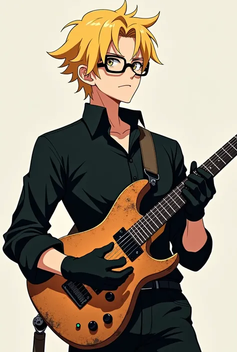 Anime man with blond hair wearing glasses, black shirt and black gloves and a brown guitar 