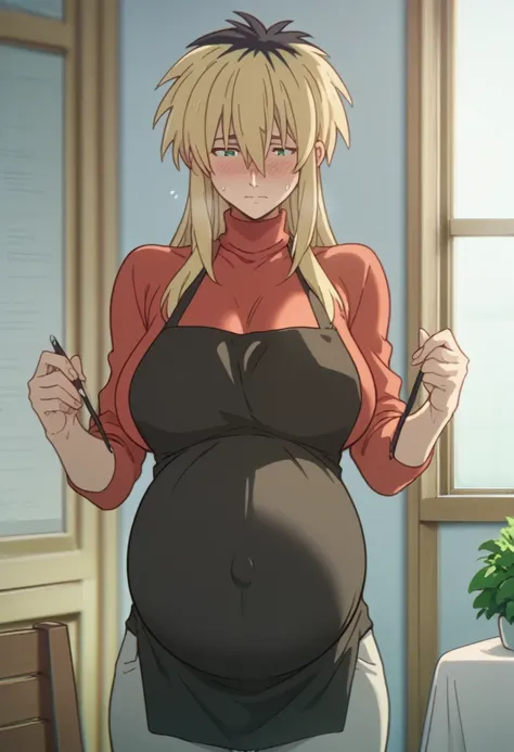 huge breasts、long chest、blush、sweat、in the heat、miyako ishida, long hair, bangs, blonde hair, black hair, hair between eyes, gre...