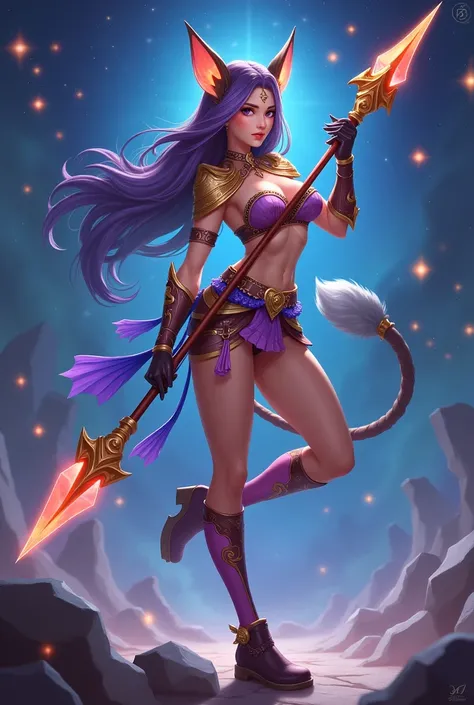 Karina mobile legend hero with zodiac skin with her spear 

