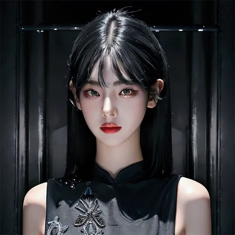 1girl wearing a black top with a black hair in a wolfcut style portrait