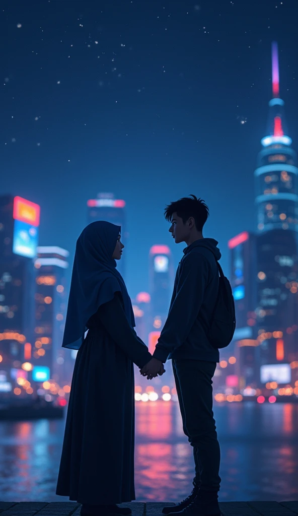 silhouette image of a woman in a hijab and a man holding hands, in the middle of the city at night, full of lights, the characters are just silhouettes, very distant view:1.2, anime style