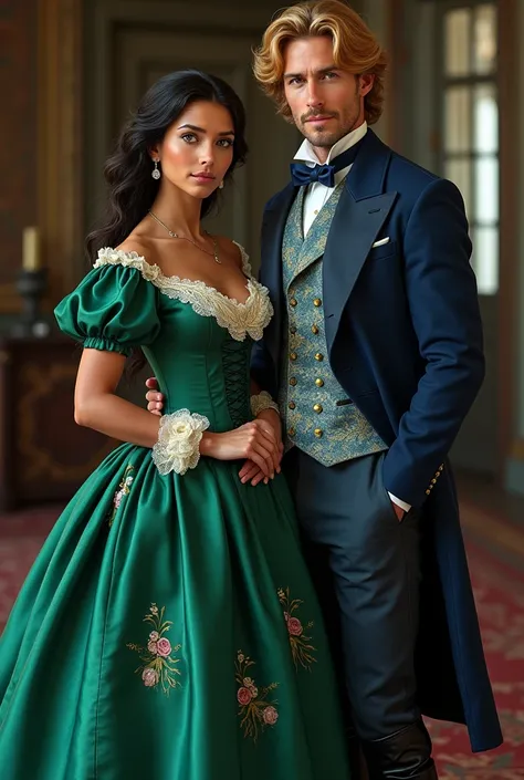 A Victorian couple from 1847 are standing together. The 20-year-old woman of Apache and English descent with black hair and green eyes, Innocent face and cinnamon skin, perfect body and big breasts, She wears an elegant emerald green silk dress with a fitt...