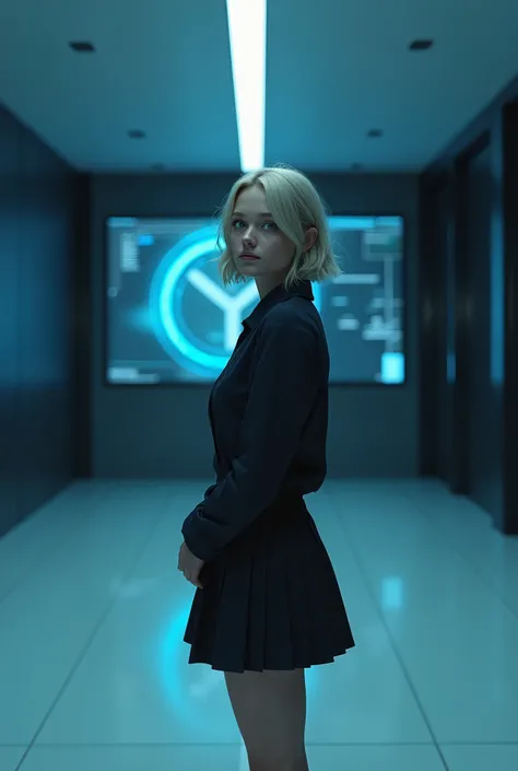 (photorealism:1.2), beautiful woman, swedish, blonde,sad, pensive, assistant, short pleated skirt, 18yo, dark corporate lobby, white floor and ceiling, blue lighting, hologram, projection,looking at camera, short hair, glowing blue eyes, full body