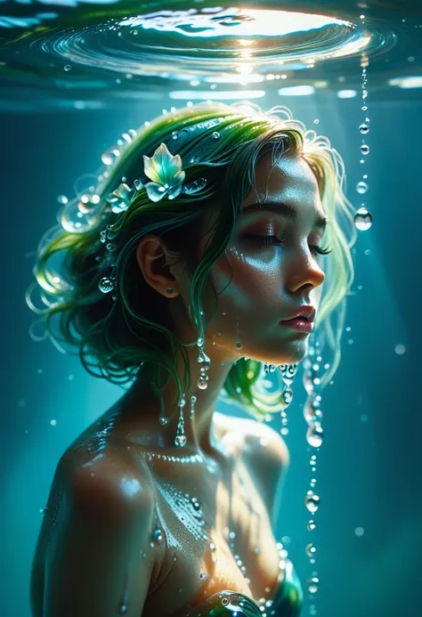 1girl, female water spirit, water-colored hair, spring water inside, a few drops of water on the skin,