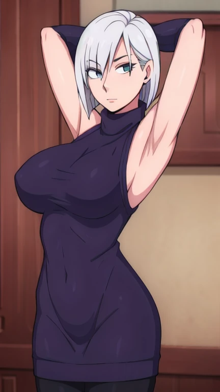 FionaFrost,1woman,sweater,turtleneck, sleeveless,large breasts, arms up, detailed armpits