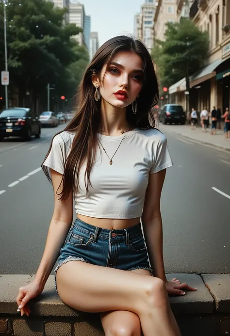 Top quality, masterpiece, ultra high definition, (Real: 1.4), Original photo, (Evening Street), 1 girl, black eyes, looking at the audience, long hair, light makeup, lips, small ears, white t-shirt, denim shorts, earrings, sitting Ferrari,, slim, neat, par...