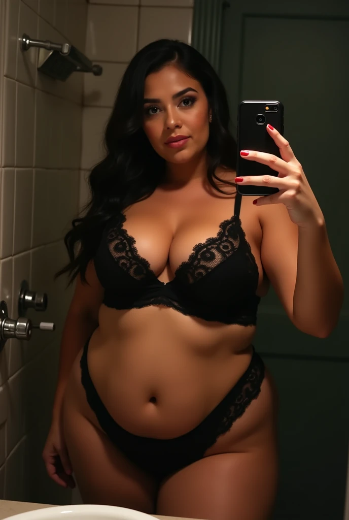 Chubby sexy wearing black lace bra taking a selfie in the bathroom photography