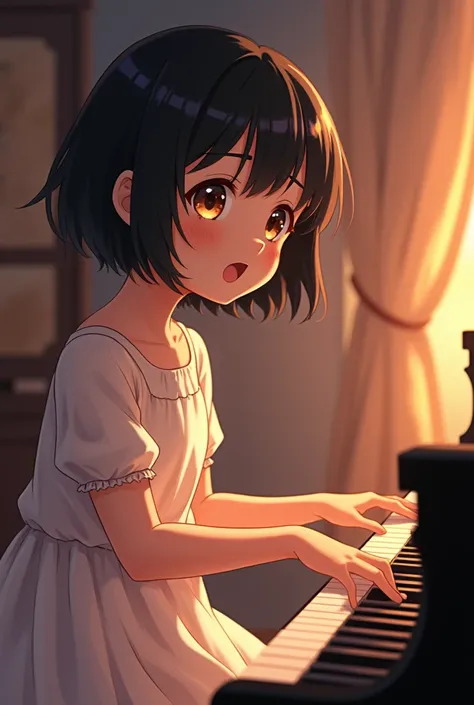 Girl with short black hair and brown eyes, playing the piano while singing, dressed in a white dress, anime style, 2 