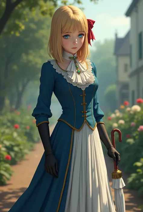 France in the 1890s。The main character of Violet Evergarden has blonde shoulder-length hair with a red ribbon.。She is wearing a classical aristocratic outfit based on ultramarine blue, with a white ribbon on her chest and an emerald necklace in the center....