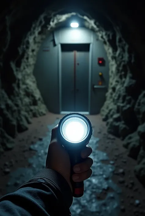 Underground mine first person view showing only one arm holding a white flashlight, metal door with an elevator 