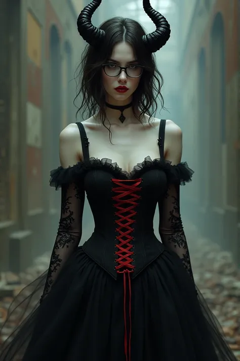 Pale chica,by nlanco,black dress,red and black corset,with glasses and black horns