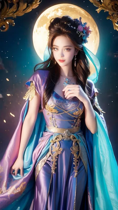 ((facing front:1.5)),Female fortune teller. Attractive, beautiful and mysterious. She wears a blue cloak and has distinct features. The atmosphere is bright and sparkling, full of anxiety and anticipation. A fortune teller is standing there. The body is fa...