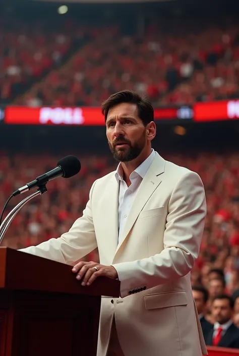 Messi is a political party leader. Messi is speaking in front of a crowd at a political conference wearing white dress.messis face must be in front of camera 