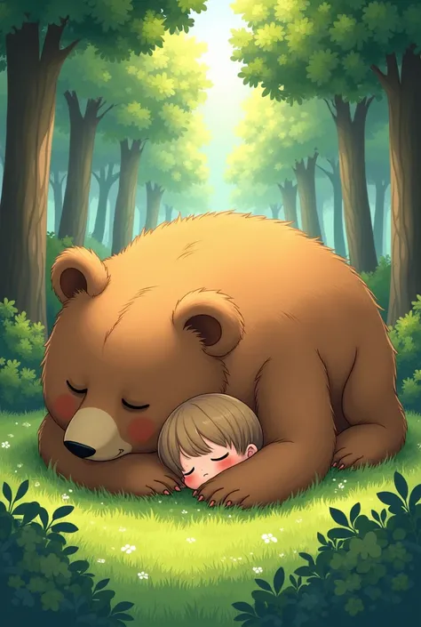 a cute  sleeping on the belly of a giant brown bear, anime style illustration, super detailed, forest, lush green grass, tree shades, vibrant color, sun ray, top-down view