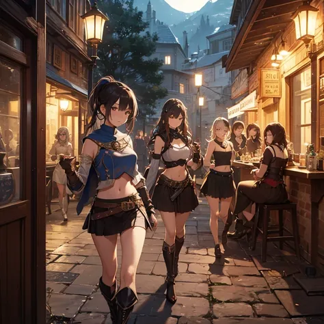 A group of  female medieval fantasy adventurers, (in tavern), various hair styles, harem, night, details face, short skirt, seducing, sleeveless, armor, midriff 