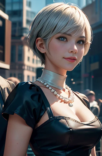 8k, ultra realistic, masterpiece, best quality, ultra detailed, beautiful face, beautiful skin, photorealistic, (professional lighting:1.2), nier_automata, 2B, light smile, pearl necklace, looking at viewer, cowboy shot, focus on face, ultra sharp, on stre...